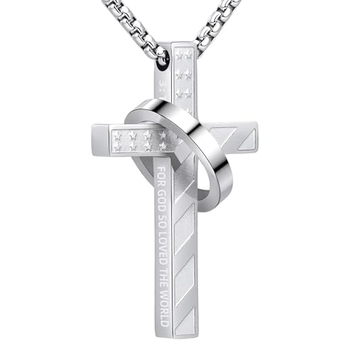 Cross Necklace for Men,Stainless Steel Ring Pendant Necklaces - color: silver, style: 3:16 with ring