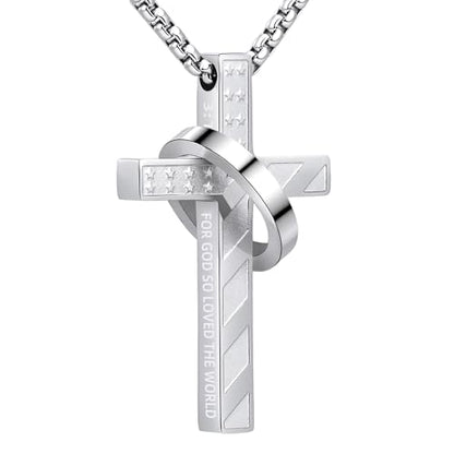 Cross Necklace for Men,Stainless Steel Ring Pendant Necklaces - color: silver, style: 3:16 with ring