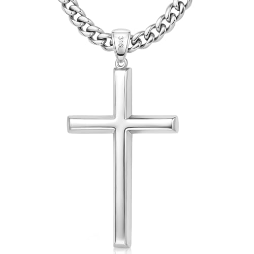 Ringcal Cross Necklace for Men with Gift Box,Silver Gold Stainless Steel Cross Pendant Necklace Mens Crucifix Chain Necklace - color: Silver, size: 24inch