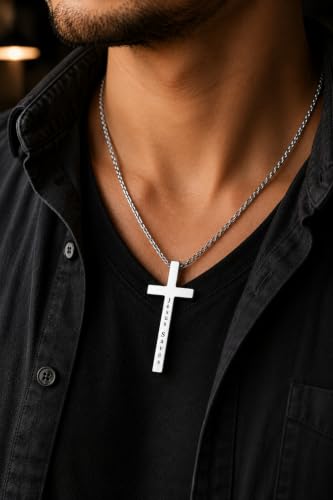 Engraved Cross Necklace for Men, Women & Boys & Girls Cross Necklace, Stainless Steel Cross Pendant Necklace, Faith & Inspiration Christian Jewelry Gift - color: Jesus Saves