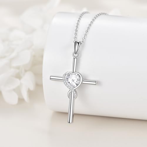S925 Sterling Silver Cross Necklace for Women Birthstone Necklace Heart Infinity Cross Pendant Necklace Christmas Valentines Day Gifts Birthday Holiday Gifts for Her, 18"+2" Inches - color: 04-Apr Birthstone - 5ACubic Zirconia