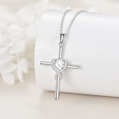 S925 Sterling Silver Cross Necklace for Women Birthstone Necklace Heart Infinity Cross Pendant Necklace Christmas Valentines Day Gifts Birthday Holiday Gifts for Her, 18"+2" Inches - color: 04-Apr Birthstone - 5ACubic Zirconia