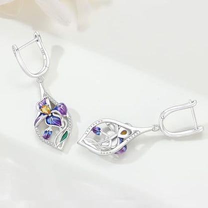 925 Sterling Silver Drop & Dangle Earrings for Women,Butterfly Dragonfly and Bee|Flower and leaf Earrings, Suitable for Sensitive Ears Fashion Jewelry Gift- Hypoallergenic Earrings - color: Blue-purple iris