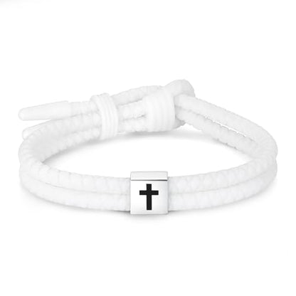 Silicone Christian Cross Braided Rope Bracelets for Men Women - color: White with Silver Cross square