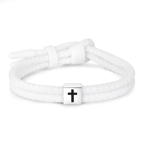 Silicone Christian Cross Braided Rope Bracelets for Men Women - color: White with Silver Cross square