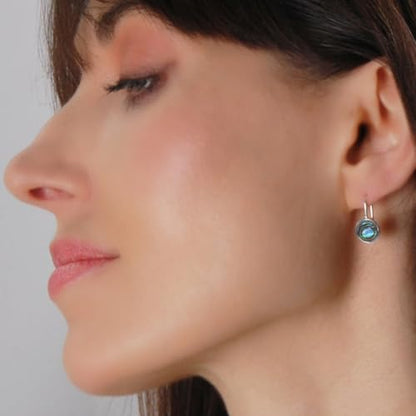 Abalone Earrings for Women - Dainty Drop Bezel Dangle Earrings - color: 8mm - 925 Sterling Silver Plated
