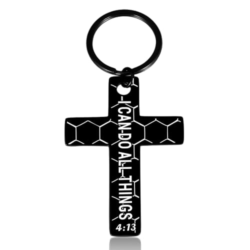 GGOJAGST Christian Cross Keychain for Men Baptism Gifts for Boys Football Christian Keychain for Men Communion Bible Verse Soccor Christmas Stocking Stuffers