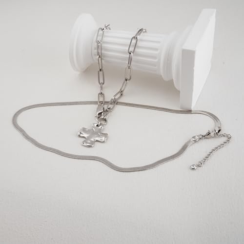Bheop Chunky Cross Necklace for Women, 14K Gold Silver Statement Necklace - color: SL-2 PCS Set(0.8 inch Pendant)