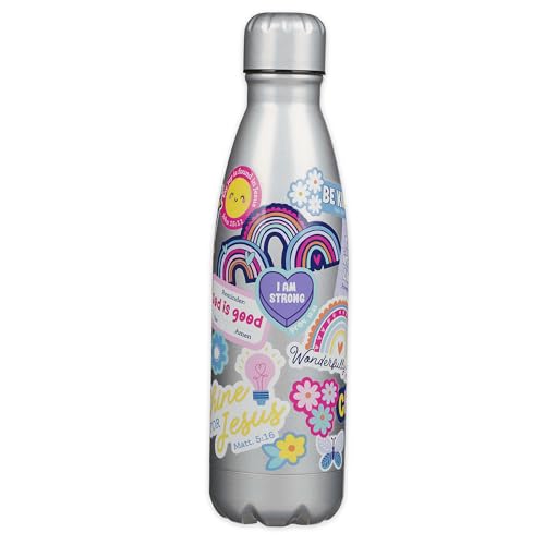 Christian Art Gifts Slim Stainless Steel Water Bottle for Girls: Shine for Jesus Encouraging Scripture, All Day Hot & Cold Liquids, Leak & Spill-proof, Silver Multicolor Floral Sticker Design, 17 oz. - color: Silver Multicolor/Shine for Jesus