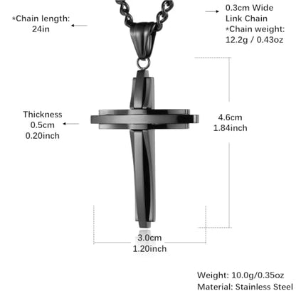 HZMAN Mens Polished Stainless Steel Silver Cross Pendant Necklace - color: Black