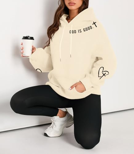 FAYALEQ Christian Sweatshirt For Women God Is Good Hoodies Graphic Tops - color: Beige, size: Large