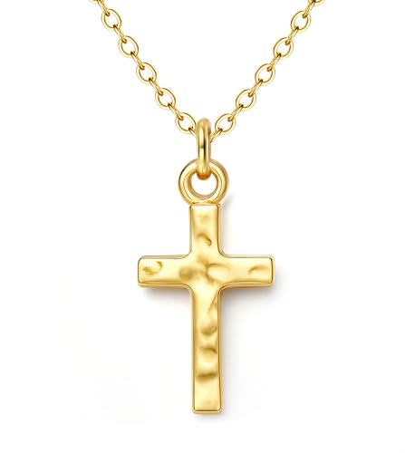 MILACOLATO 925 Sterling Silver Cross Necklace for Women, 14K Gold Plated Small Cross Pendant Choker Necklace, Dainty Hammered Cross Christian Baptism Religious Jewelry Gifts - color: 14K Gold Plated