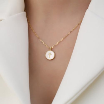 Gold Enamel Mini Cross Necklace Tiny Mother of Pearl Cross Necklace Religious Christian Gift for Baptism First Communion Christmas - color: big mother of pearl cross (15mm)-gold