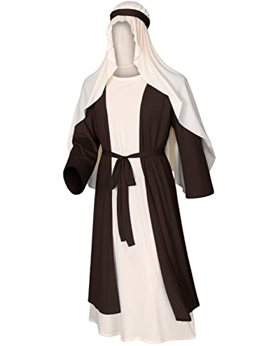 Irtysh Mens Biblical Saint Joseph Costume Jesus Robe Sherherd Costume Staffs Headwrap Hat Waist Rope Set - size: Large