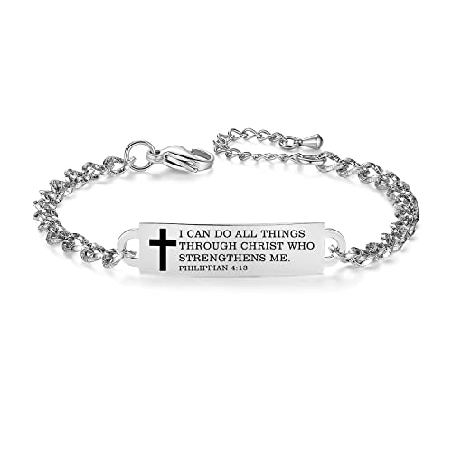 Bible Verse Bracelet-Stainless Steel Scripture Quotes Inspirational Bracelet Faith Christian Bracelet for Women, Christmas gift for women - color: Silver