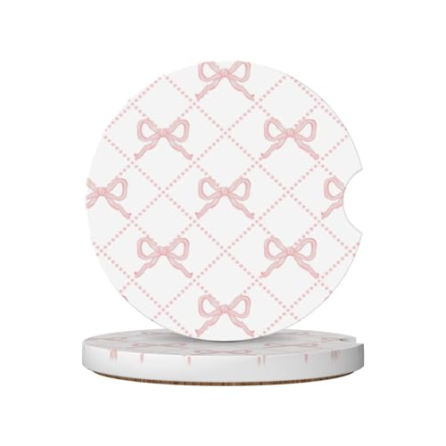 Pink Bow Car Coasters for Cup Holder Absorbent Ceramic Cup Coaster 2 Pack Anti Slip Car Interior Accessories with Finger Notch Cork Base for Women Men 2.56" - color: Pink Bow