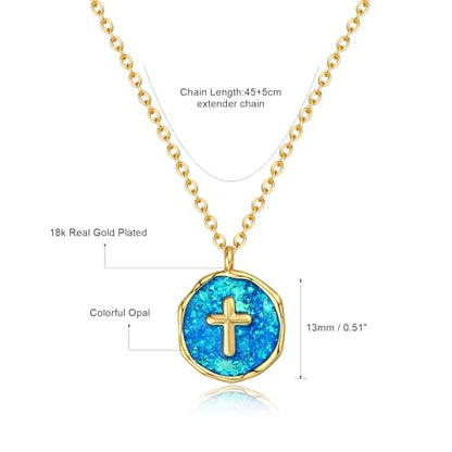 Gold Enamel Mini Cross Necklace Tiny Mother of Pearl Cross Necklace Religious Christian Gift for Baptism First Communion Christmas - color: Medium Opal cross(13mm)-blue