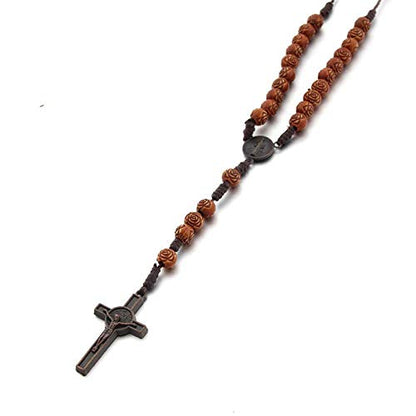 Handmade Wooden Wood Beads Catholic Rosary Crucifix Cross Pendant Necklace Bethlehem Christian Prayer Holy Jerusalem Holyland Y Necklace for Women Men Unisex Jewelry Gift - color: C rose