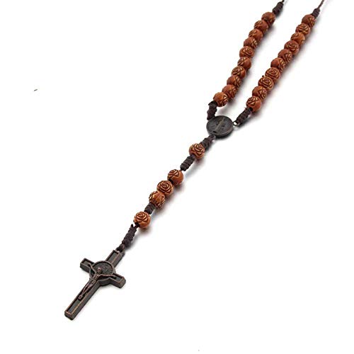 Handmade Wooden Wood Beads Catholic Rosary Crucifix Cross Pendant Necklace Bethlehem Christian Prayer Holy Jerusalem Holyland Y Necklace for Women Men Unisex Jewelry Gift - color: C rose