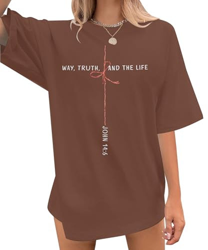 Christian Shirts for Women Oversized Bible Verse T-Shirt Jesus Religious Faithful Shirt Christ Crewneck Tee Top - color: Brown, size: X-Large