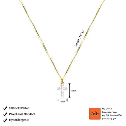 Zeffy Cross Necklace for Women,18K Gold/Silver Plated Tiny Cubic Zirconia Cross Pendant Necklace for Women Simple Layered Cross Necklaces for Women - color: Gold Pearl Cross