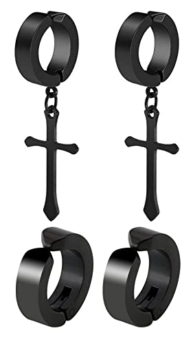Non-pierced Earrings Set for Men Women Cross Titanium Steel Hoop Dangle Clip On Earring - style: set of black 2
