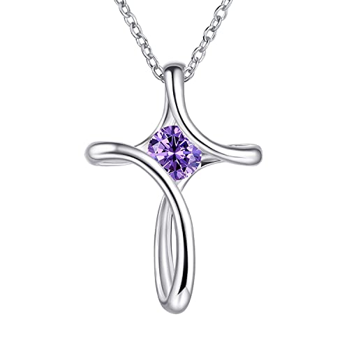 Cross Necklace for Women 925 Sterling Silver Birthstone Necklace for Women - color: 02-Feb-Amethyst