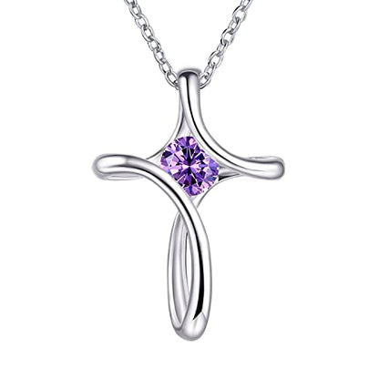 Cross Necklace for Women 925 Sterling Silver Birthstone Necklace for Women - color: 02-Feb-Amethyst