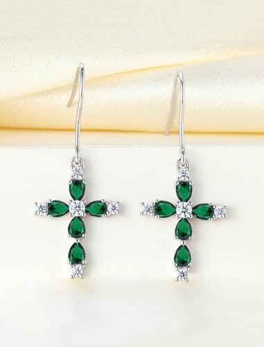 YL 925 Sterling Silver Cross Dangle Earrings Halo Birthstone Hook Earrings Religious Jewelry for Women - color: 5-emerald-May