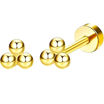 Stainless Steel Stud Earring 1 Pair Gold Small Flatback Earrings Helix Hypoallergenic Flat Back Jewellery Dainty Screwback Tiny Jewelry for Sensitive Ears Women Ladies Aretes De Mujer - style: Sphere