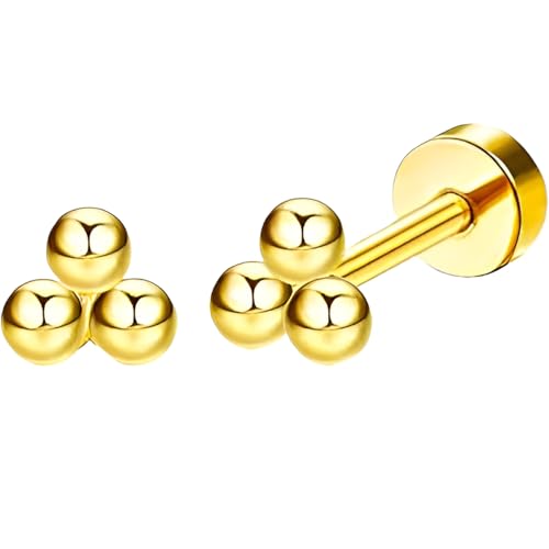 Stainless Steel Stud Earring 1 Pair Gold Small Flatback Earrings Helix Hypoallergenic Flat Back Jewellery Dainty Screwback Tiny Jewelry for Sensitive Ears Women Ladies Aretes De Mujer - style: Sphere
