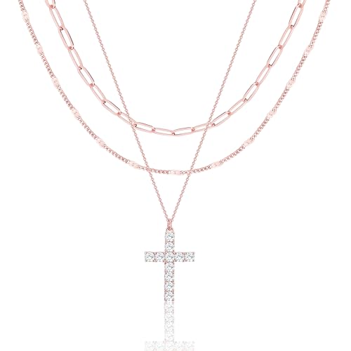 Poxtex Layered Gold Necklaces for Women, Stackable Dainty 14K Gold Silver Plated Trendy Simple Heart Diamond Cross Bow Circle Pendant Paperclip Choker Dot Chain Necklace,Jewelry Set Gifts for Women - color: Rose Gold, style: Cross2
