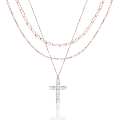 Poxtex Layered Gold Necklaces for Women, Stackable Dainty 14K Gold Silver Plated Trendy Simple Heart Diamond Cross Bow Circle Pendant Paperclip Choker Dot Chain Necklace,Jewelry Set Gifts for Women - color: Rose Gold, style: Cross2