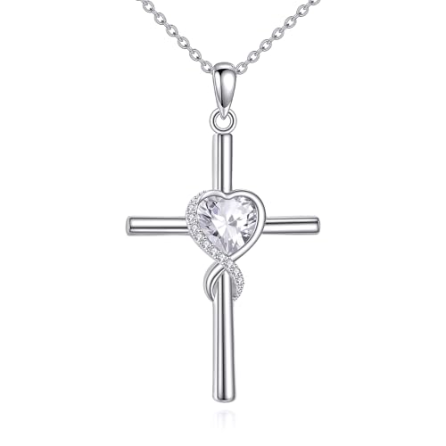S925 Sterling Silver Cross Necklace for Women Birthstone Necklace Heart Infinity Cross Pendant Necklace Christmas Valentines Day Gifts Birthday Holiday Gifts for Her, 18"+2" Inches - color: 04-Apr Birthstone - 5ACubic Zirconia