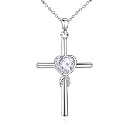 S925 Sterling Silver Cross Necklace for Women Birthstone Necklace Heart Infinity Cross Pendant Necklace Christmas Valentines Day Gifts Birthday Holiday Gifts for Her, 18"+2" Inches - color: 04-Apr Birthstone - 5ACubic Zirconia