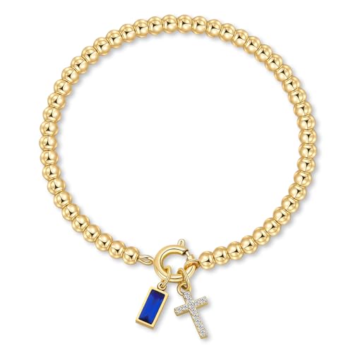 Korotho Cross Birthstone Bracelet for Women - Dainty Elastic 14K Gold Plated Bead Bracelets Trendy Waterproof Non Tarnish Birthday Jewelry Gifts Birthday Christmas Stocking Stuffer for Mom Friends - color: 09-September(Sapphire)