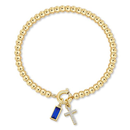Korotho Cross Birthstone Bracelet for Women - Dainty Elastic 14K Gold Plated Bead Bracelets Trendy Waterproof Non Tarnish Birthday Jewelry Gifts Birthday Christmas Stocking Stuffer for Mom Friends - color: 09-September(Sapphire)