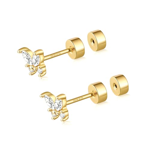 CEROUNO Flat Back Stud Earrings - 925 Sterling Silver Post Flatback Earrings Gold Silver Cubic Zirconia Earrings Studs for Women - color: Gold Butterfly
