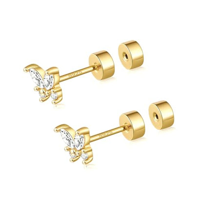 CEROUNO Flat Back Stud Earrings - 925 Sterling Silver Post Flatback Earrings Gold Silver Cubic Zirconia Earrings Studs for Women - color: Gold Butterfly
