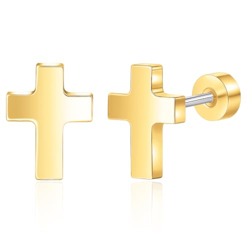 Limerencia Titanium Stud Earrings, Cross Earrings for Sensitive Ears - color: Gold +Screw Back