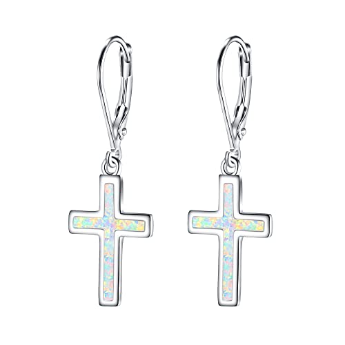 EVER FAITH 925 Sterling Silver Cross Earrings Created Opal Dangle Leverback Earring Minimalist Church Jewelry - color: White