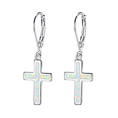 EVER FAITH 925 Sterling Silver Cross Earrings Created Opal Dangle Leverback Earring Minimalist Church Jewelry - color: White