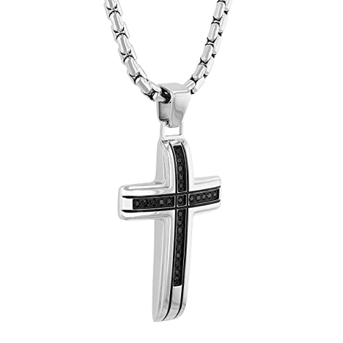 Steel Nation Men’s .25 CTW Black Diamond Cross Stainless Steel 24" Necklace