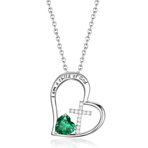 Birthstone Cross Necklace for Girls, Child of God Cross Gifts Jewelry - color: 05. May, style: 01. Silver