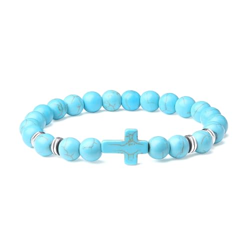 Mens Beaded Bracelets, 8MM Beaded Bracelets for Men, Natural Tiger Eye Bead Bracelet, Stretch Elastic Beads Bracelets for Men - color: White turquoise black yellow