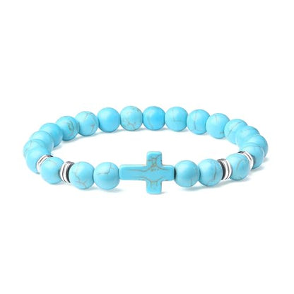 Mens Beaded Bracelets, 8MM Beaded Bracelets for Men, Natural Tiger Eye Bead Bracelet, Stretch Elastic Beads Bracelets for Men - color: White turquoise black yellow