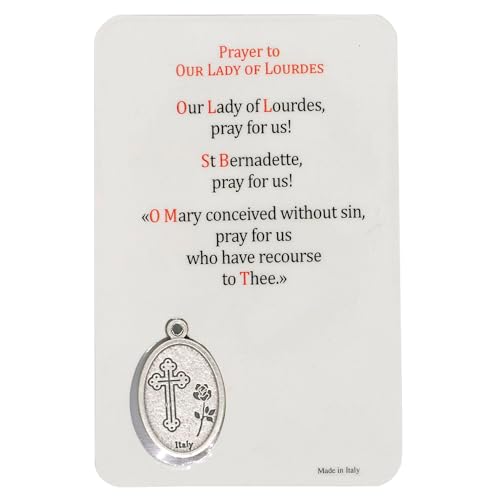 Holy Prayer Card with Built-In Medal Pendant | Laminated Full-Color Prayer Card | Great Variety | Great Christian Gift for First Communion and Confirmation (Our Lady of Lourdes with Medal) - color: Our Lady of Lourdes with Medal
