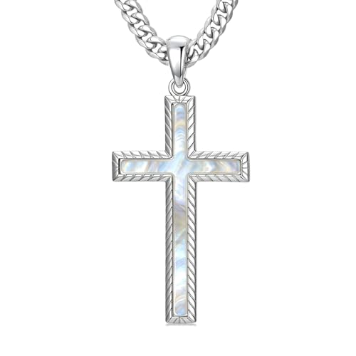 MRENITE Silver Natural Stone Cross Necklace, Classic Latin Cross Pendant Necklace for Unisex Women Man, Vintage Crystal Quartz Cross Necklace with 20+2 Inches Adjustable Cuban Chain - style: Mother of Pearl