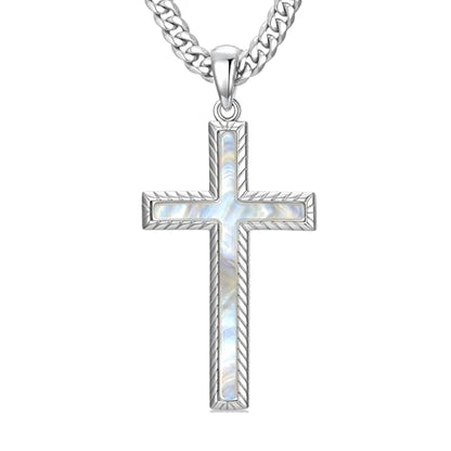 MRENITE Silver Natural Stone Cross Necklace, Classic Latin Cross Pendant Necklace for Unisex Women Man, Vintage Crystal Quartz Cross Necklace with 20+2 Inches Adjustable Cuban Chain - style: Mother of Pearl