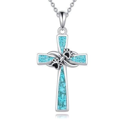 Infinity Cross Necklace S925 Sterling Silver Turquoise/Wooden/Opal/Abalone Cross Pendant Necklaces Christian Jewelry Gifts For Women - style: Paw Print